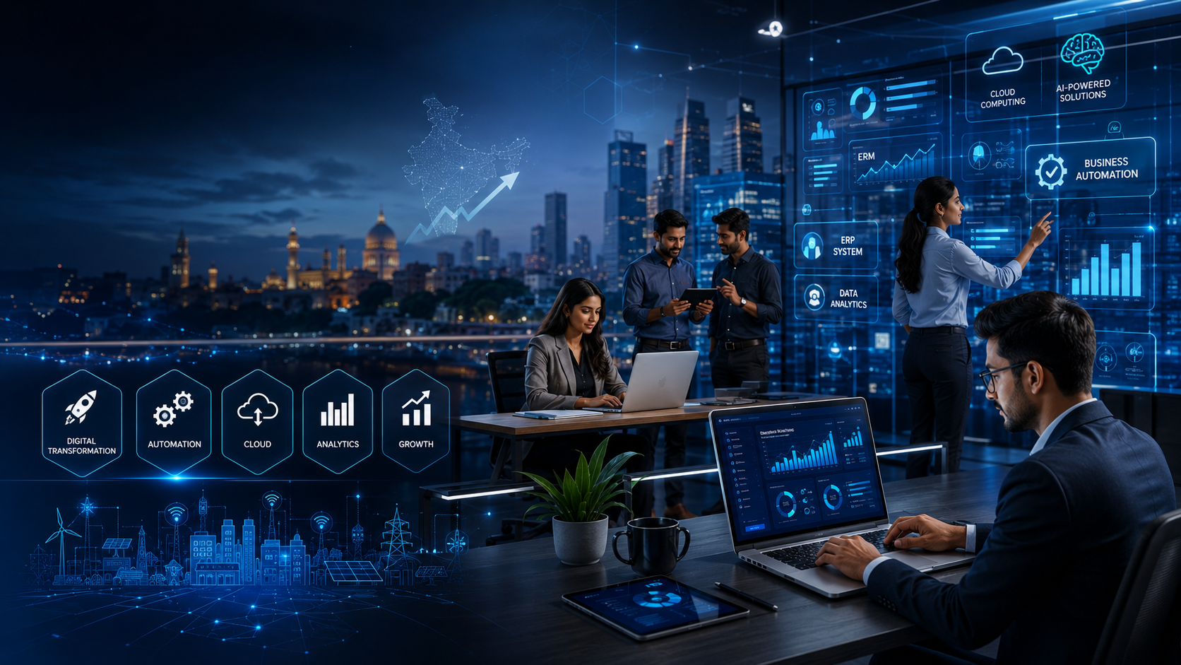 Modern digital transformation solutions for Indian SMEs with cloud technology and business automation systems.